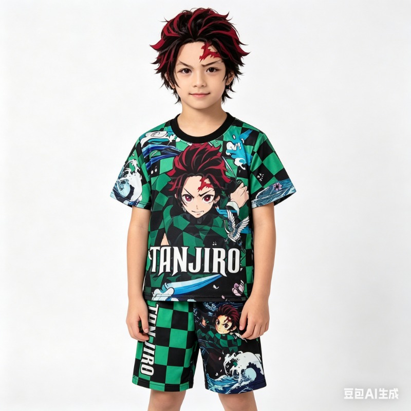 Cosplay Flame Prop - デーモンスレイヤー 烏炭治郎 炎柱 2点セット 半袖Tシャツとお揃いのショートパンツ アニメプリント