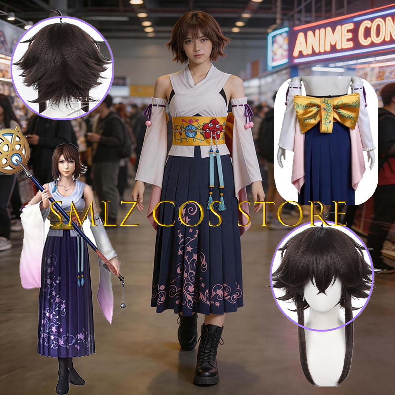 Prop Para Cosplay - Smlz FFX ユナコスプレアニメ FF10 X 衣装女性あなたナ着物ドレス小道具ウィッグセットハロウィンパーティー演劇衣装