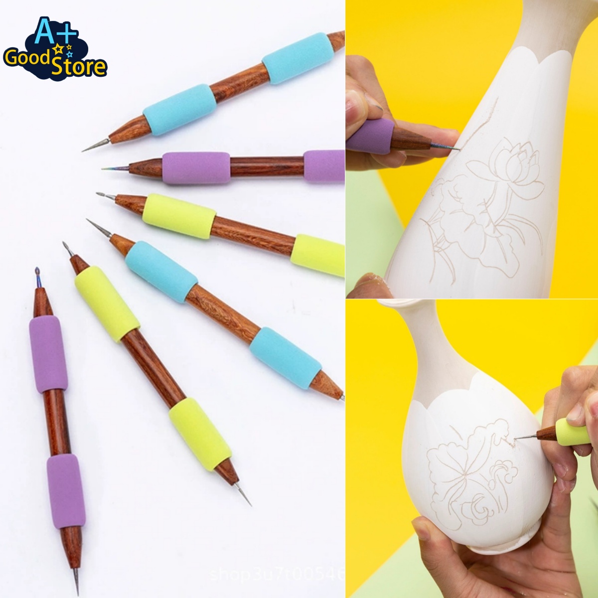 Foam Clay Sculpt - 双頭ダイヤモンドチップ陶器彫刻ツール木製ハンドルフォームグリップ粘土トリミング彫刻ツール陶器装飾用